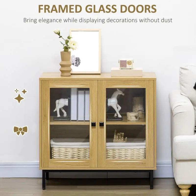 Modern Glass Door Sideboard Buffet Dining Storage Cabinet in Oak Wood Finish by HomePacific