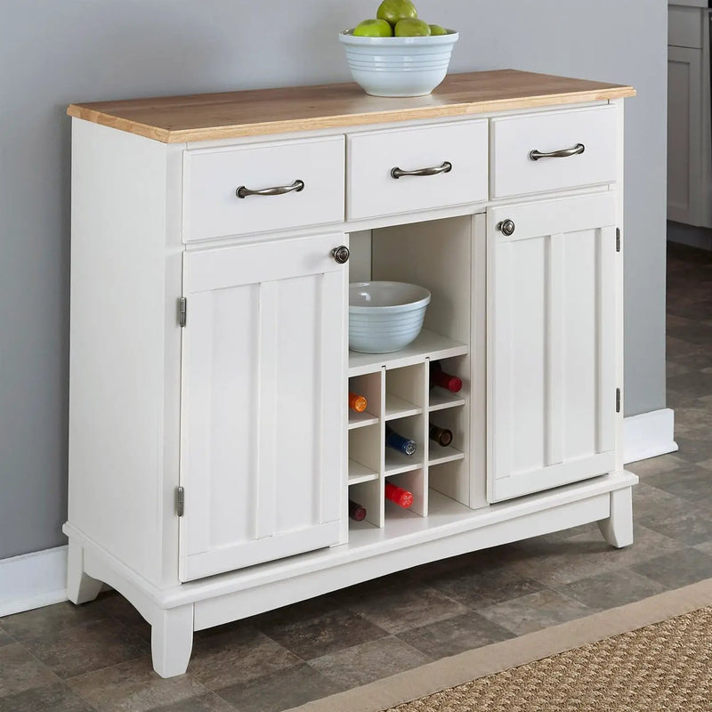 Natural Wood Top Kitchen Island Sideboard Cabinet Wine Rack in White by HomePacific