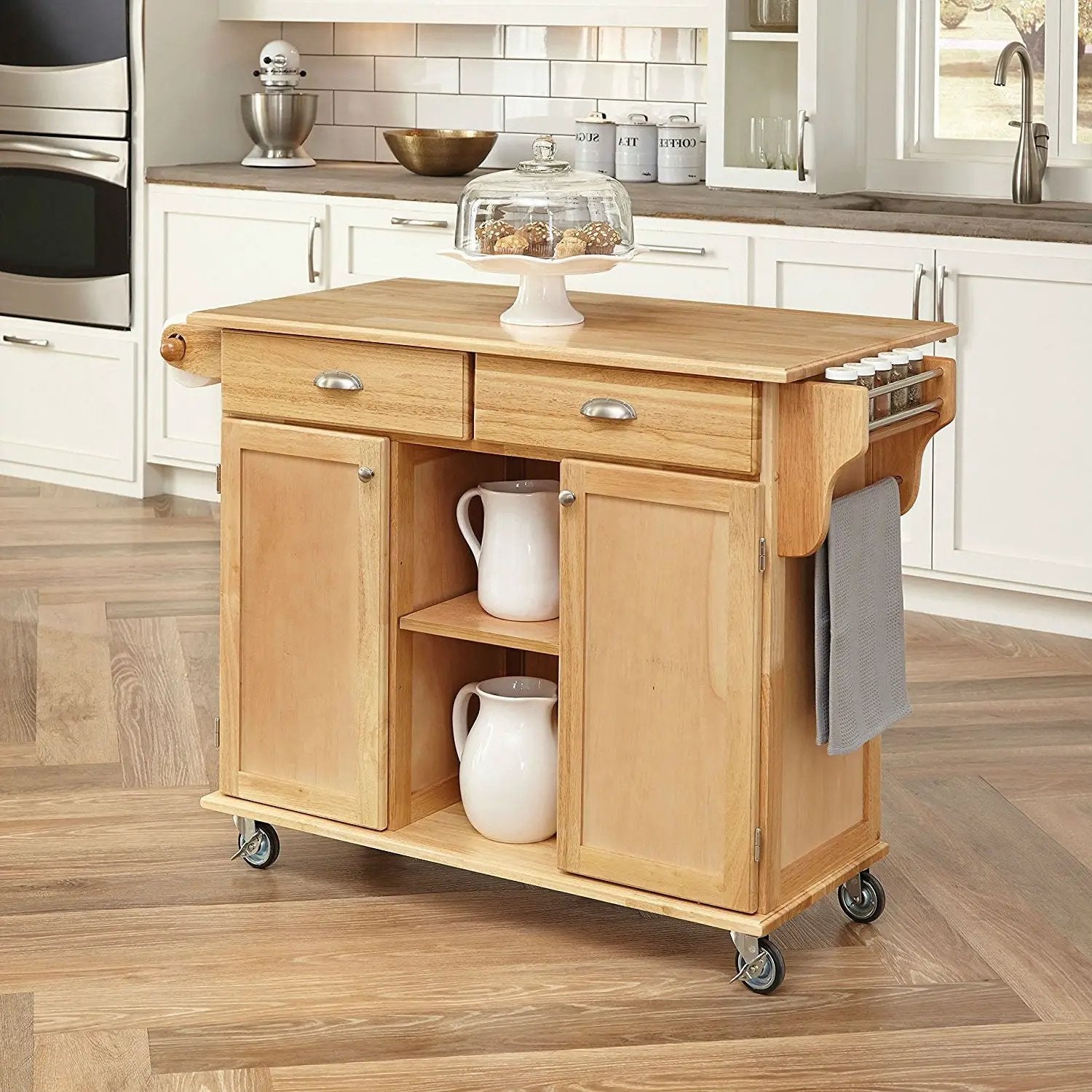 Natural Wood Finish Kitchen Island Cart with Locking Casters by HomePacific