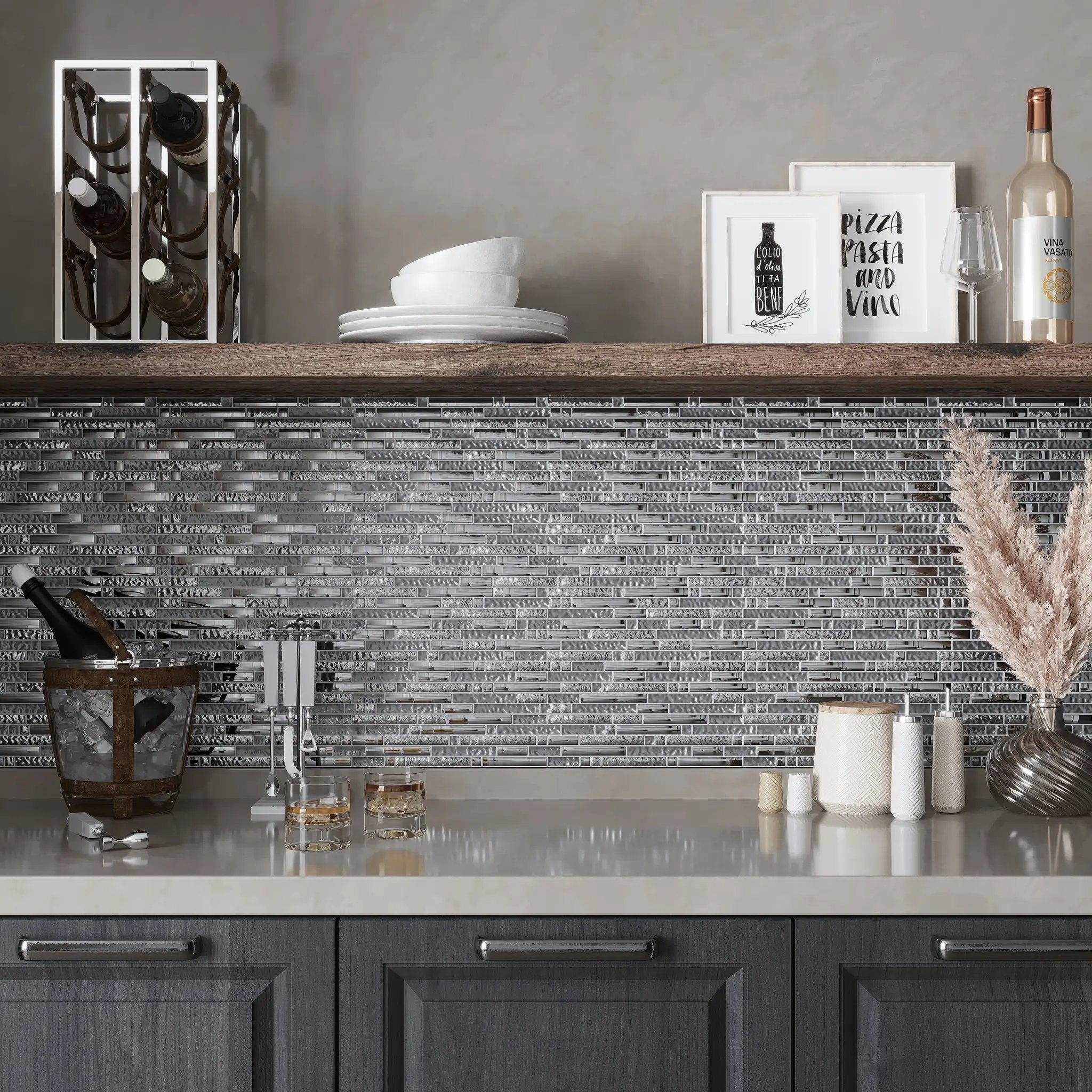 Silver 12x12 Glossy Matte Linear Glass Mosaic Tile (5 pack, 4.79 sq ft/case) by Apollo Tile