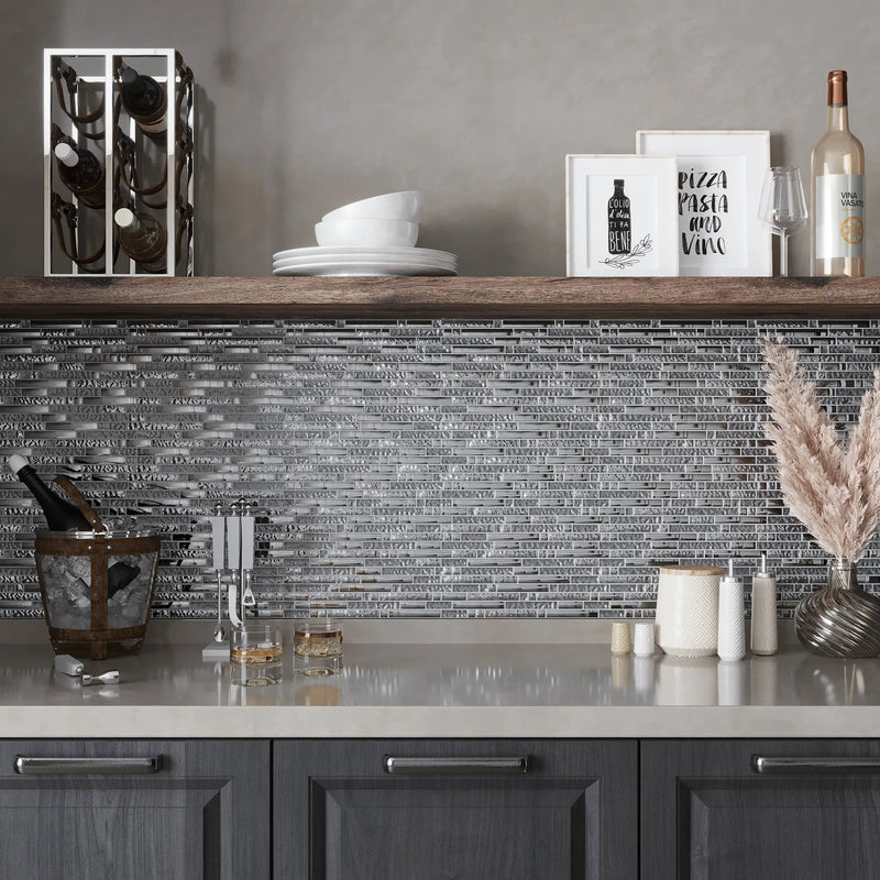 Silver 12x12 Glossy Matte Linear Glass Mosaic Tile (5 pack, 4.79 sq ft/case) by Apollo Tile