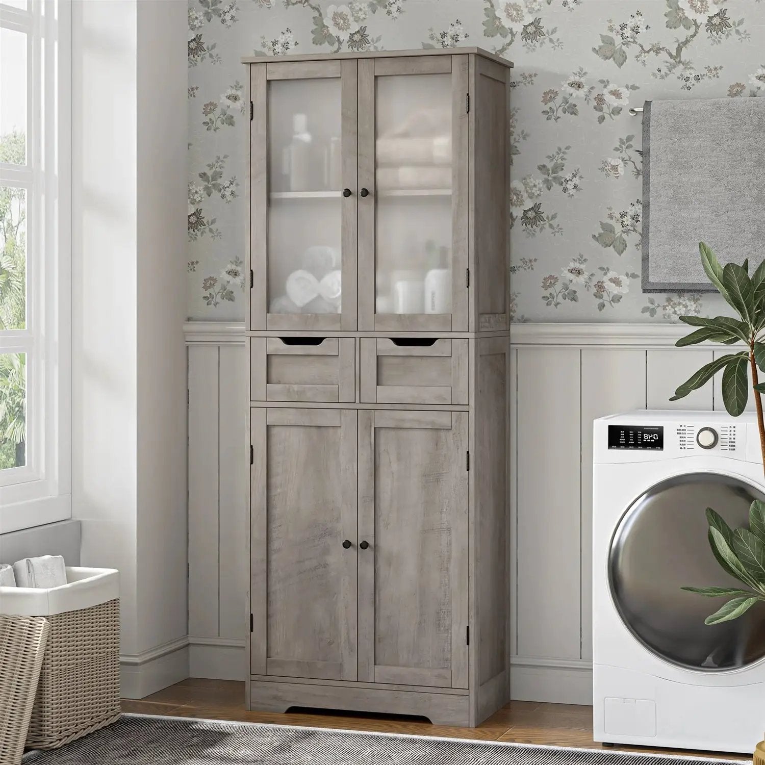 Farmhouse Bathroom Linen Cabinet with Storage Drawers in Grey Taupe Wood Finish by HomePacific