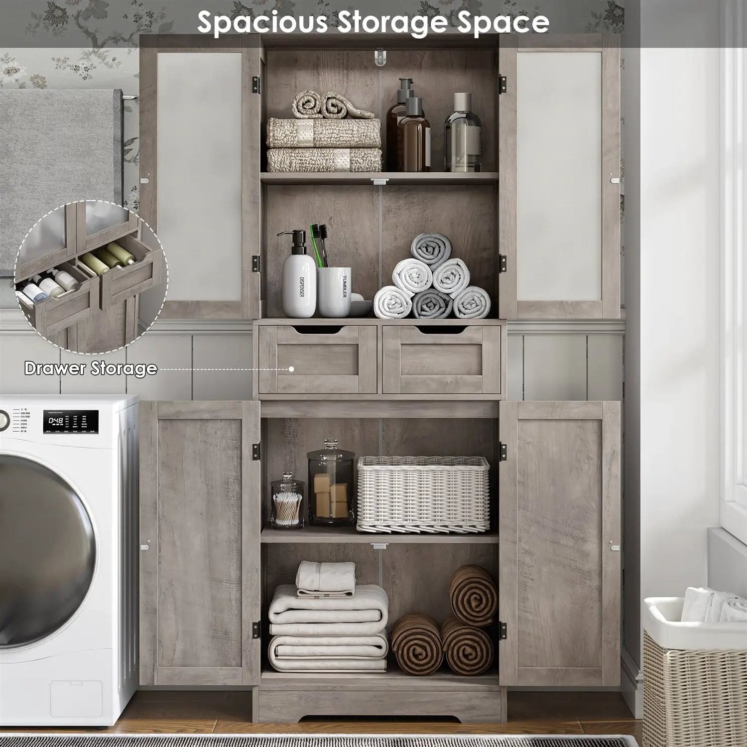 Farmhouse Bathroom Linen Cabinet with Storage Drawers in Grey Taupe Wood Finish by HomePacific