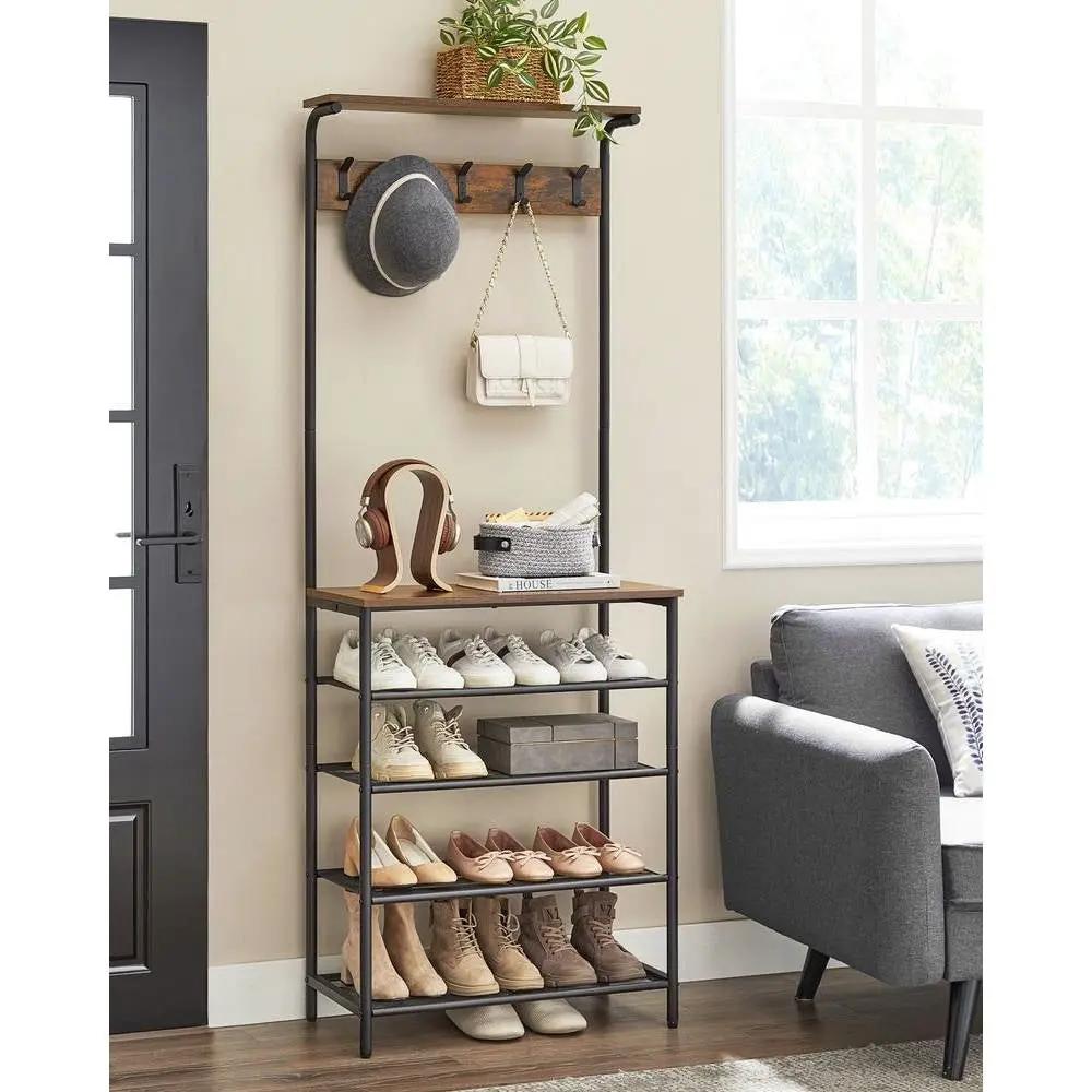 Modern Industrial Style Hall Tree Coat Rack Entryway Shoe Rack with 4 Shelves by HomePacific