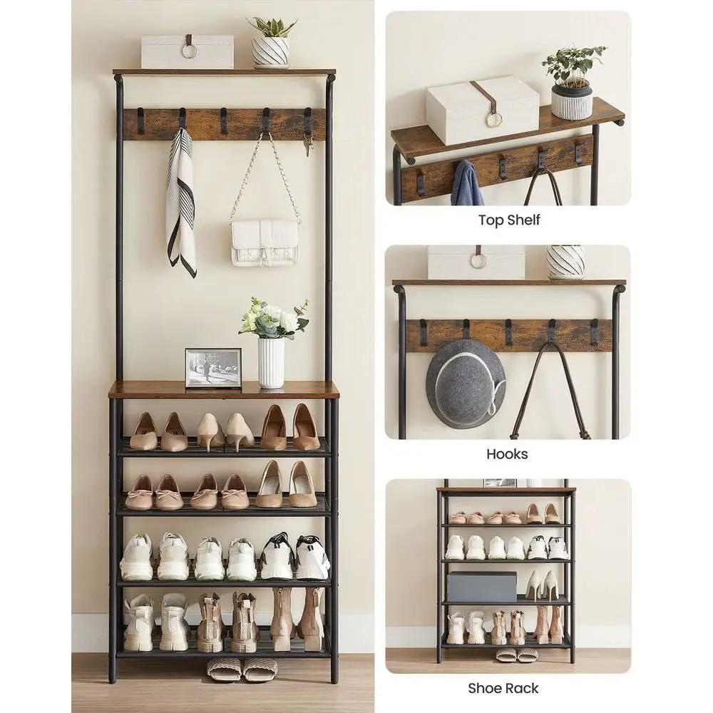 Modern Industrial Style Hall Tree Coat Rack Entryway Shoe Rack with 4 Shelves by HomePacific