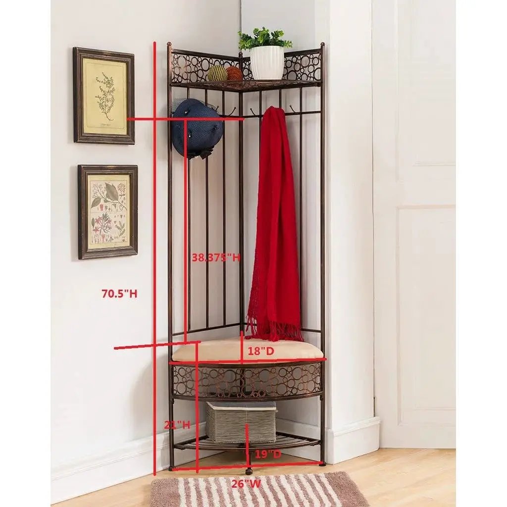 Metal Corner Hall Tree Foyer Entryway Shoe Storage Bench Coat Rack in Copper by HomePacific