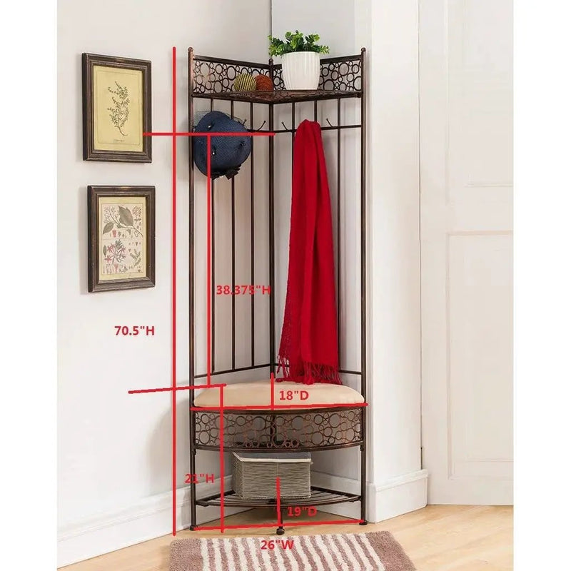 Metal Corner Hall Tree Foyer Entryway Shoe Storage Bench Coat Rack in Copper by HomePacific