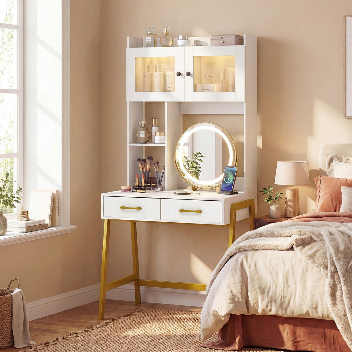 Vanity Desk with Rotatable Mirror and Lights Modern Dressing Table with 3 Light Colors-Brown, photo 9 of 9