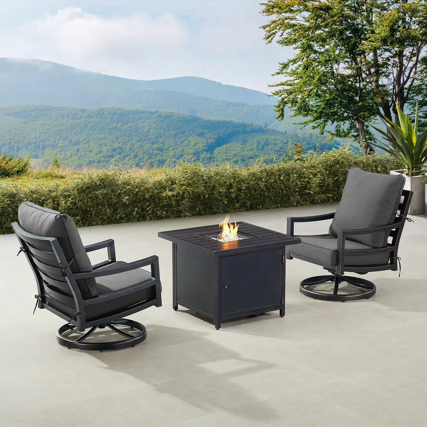 Black Aluminum Fire Table Bistro Set with Two Club Chairs by Sharicks