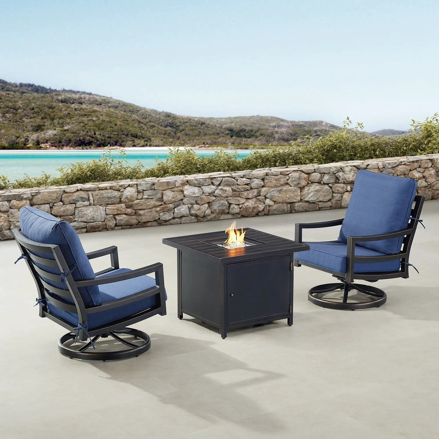 Black Aluminum Fire Table Bistro Set with Two Club Chairs by Sharicks