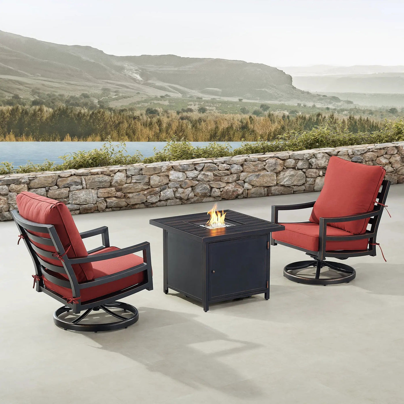 Black Aluminum Fire Table Bistro Set with Two Club Chairs by Sharicks