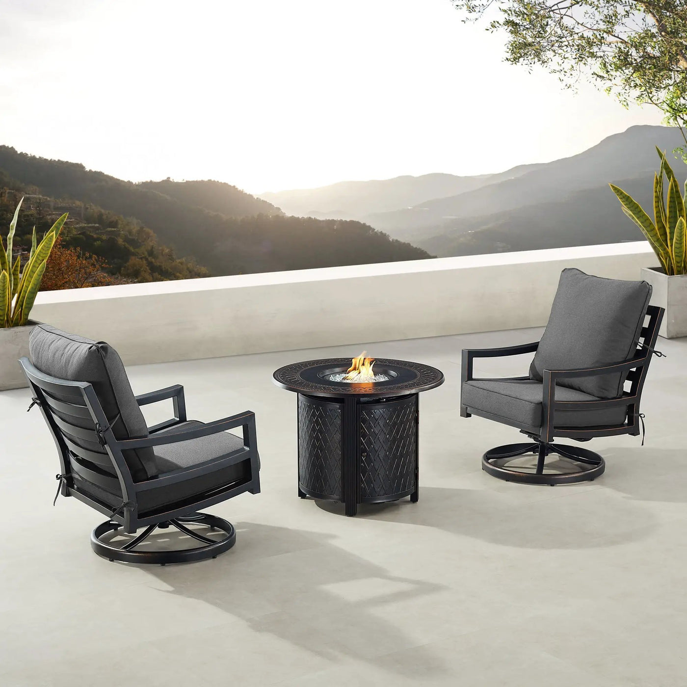 Black Aluminum Fire Table Bistro Set with Two Club Chairs by Sharicks