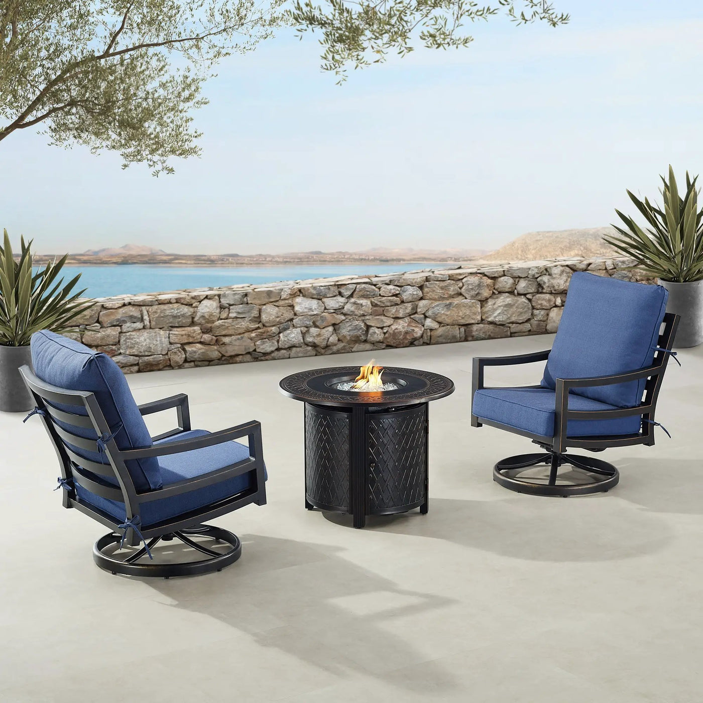 Black Aluminum Fire Table Bistro Set with Two Club Chairs by Sharicks
