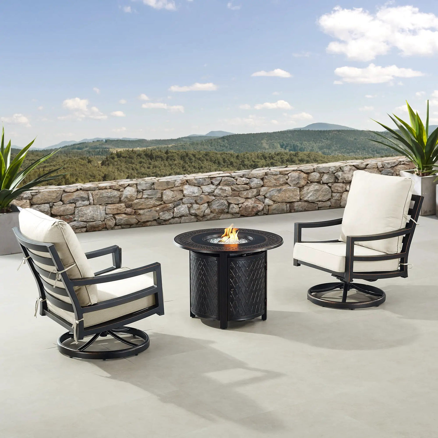 Black Aluminum Fire Table Bistro Set with Two Club Chairs by Sharicks