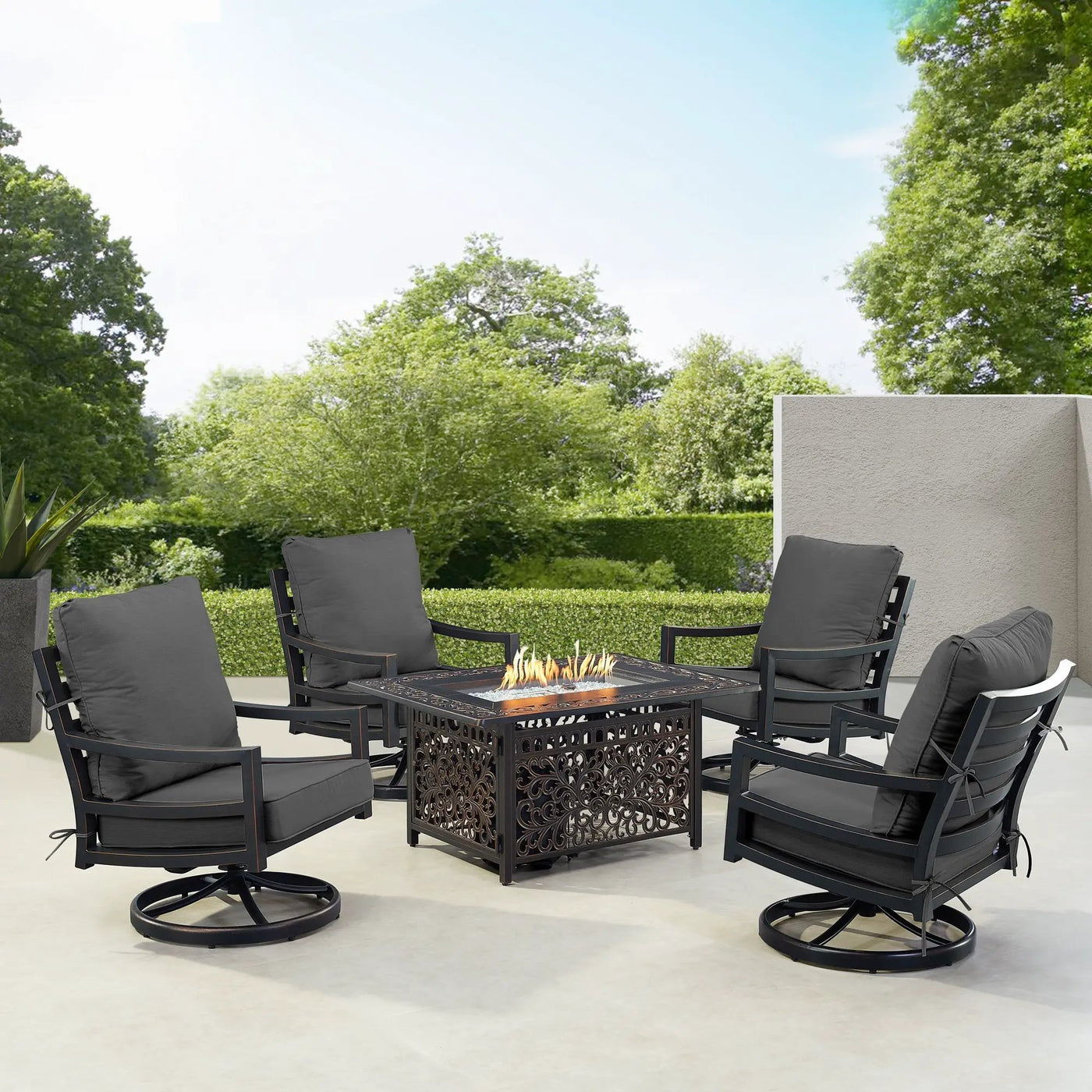 Black Aluminum Fire Table Set with Four Club Chairs by Sharicks