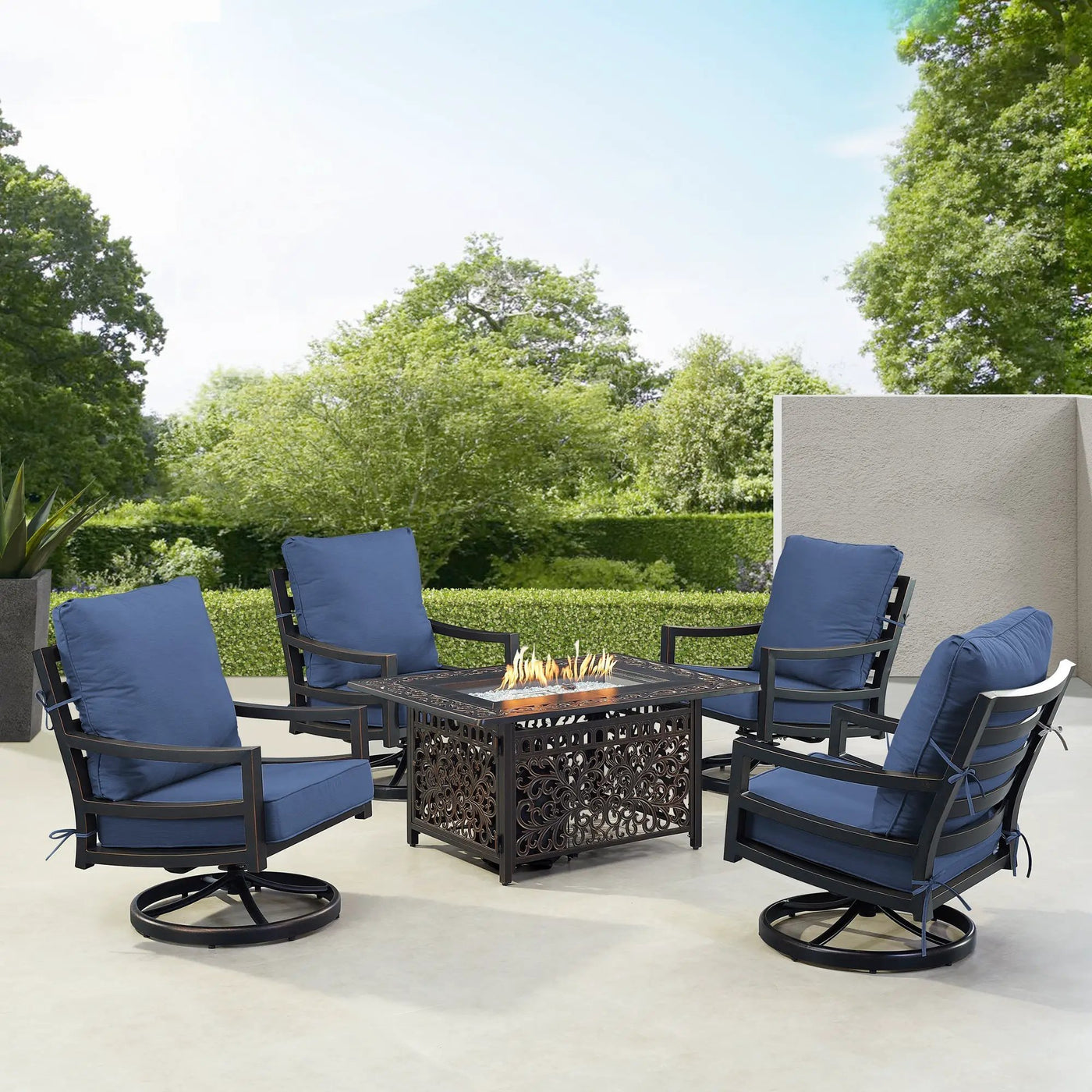 Black Aluminum Fire Table Set with Four Club Chairs by Sharicks