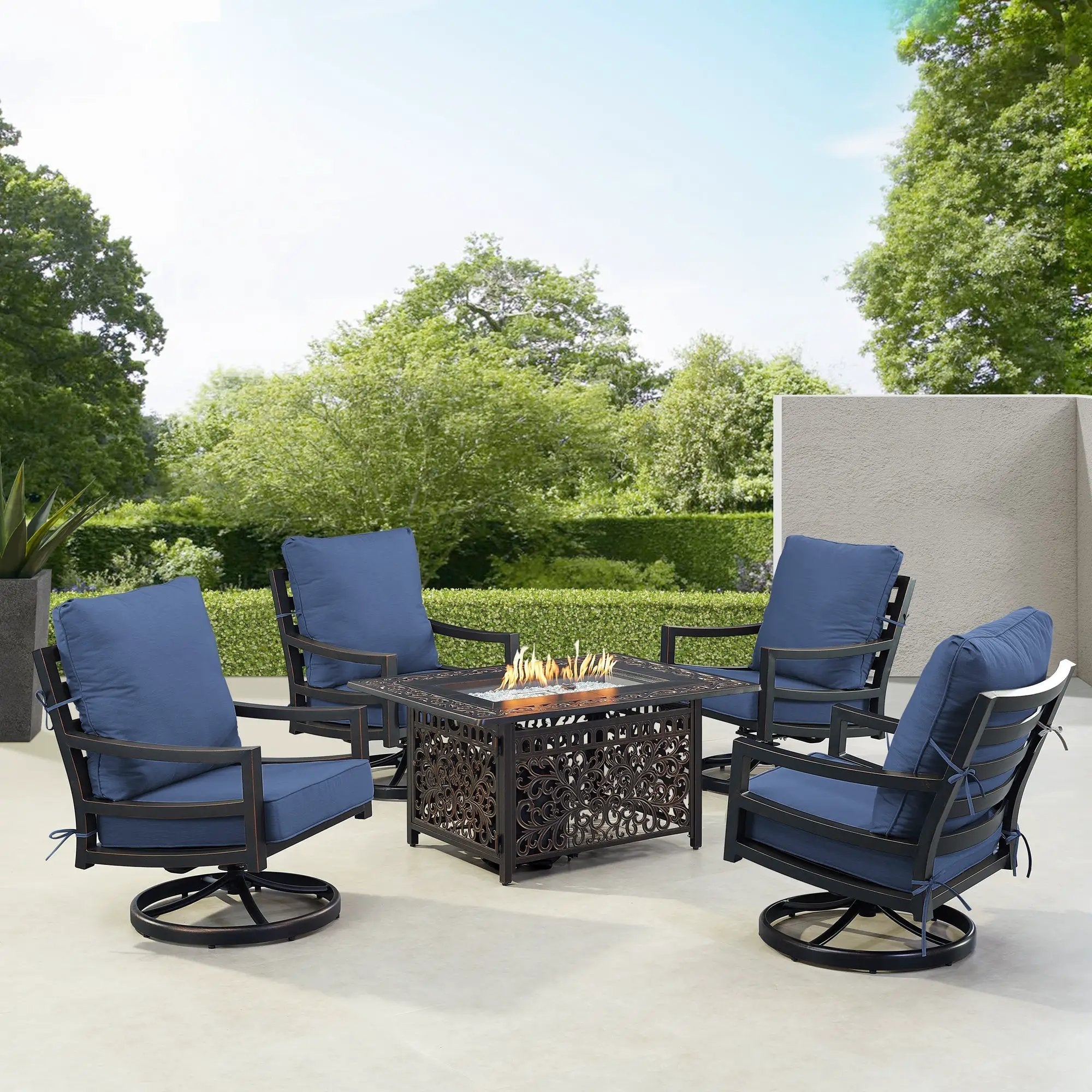 Black Aluminum Fire Table Set with Four Club Chairs by Sharicks