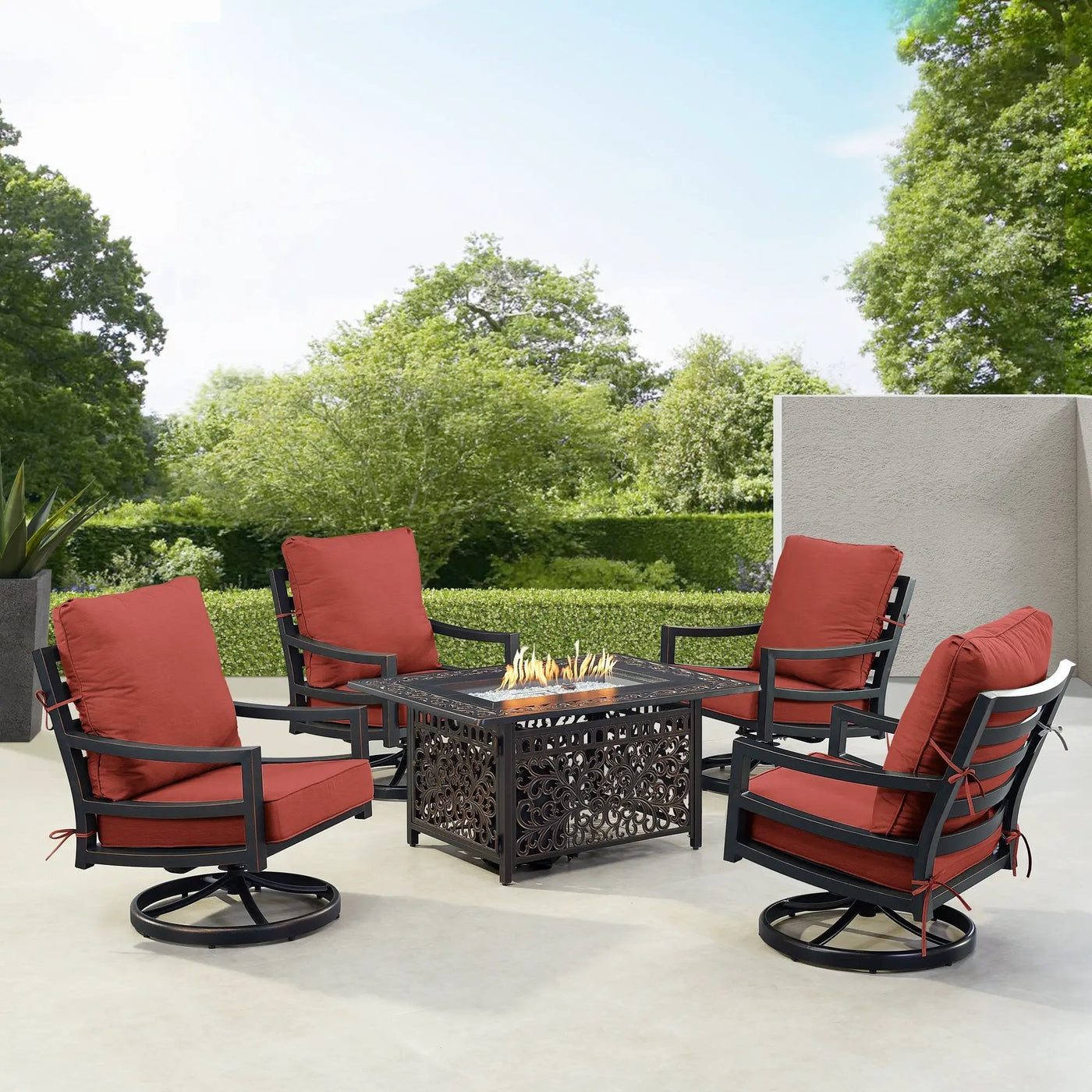 Black Aluminum Fire Table Set with Four Club Chairs by Sharicks