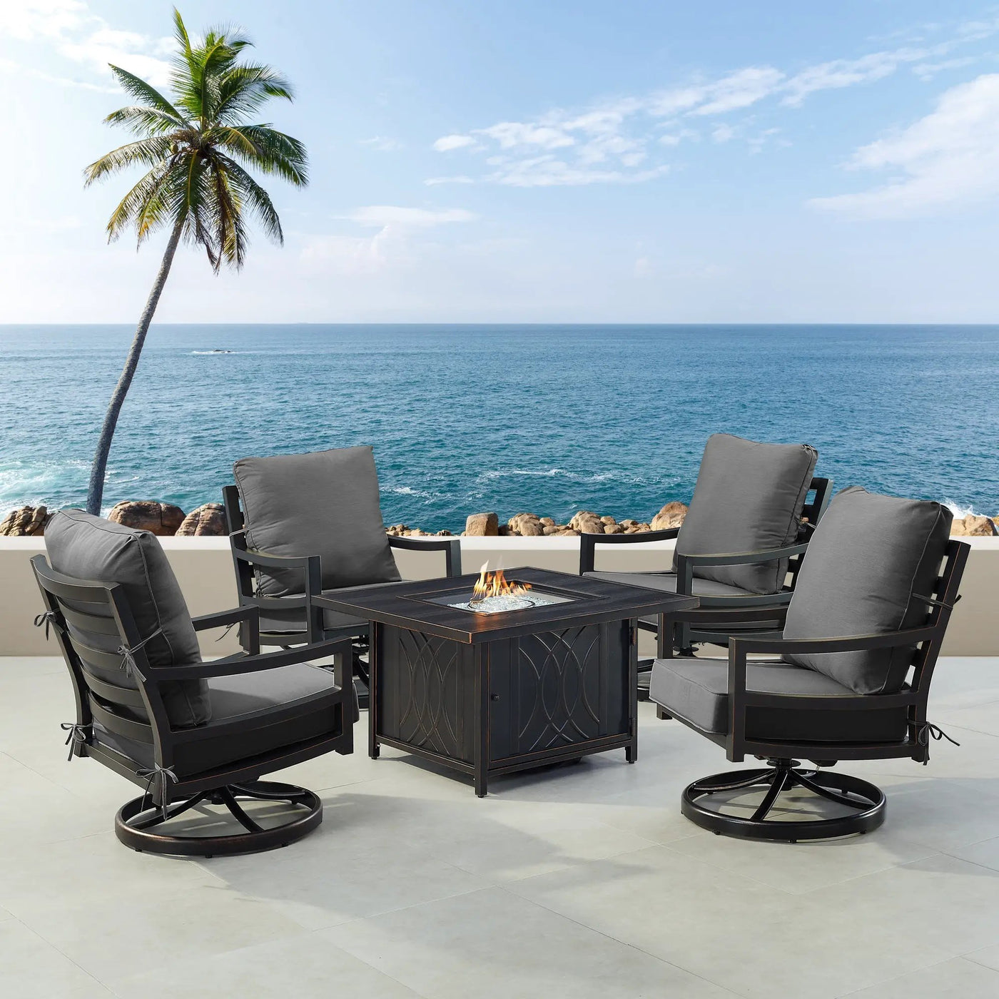 Black Aluminum Fire Table Set with Four Club Chairs by Sharicks
