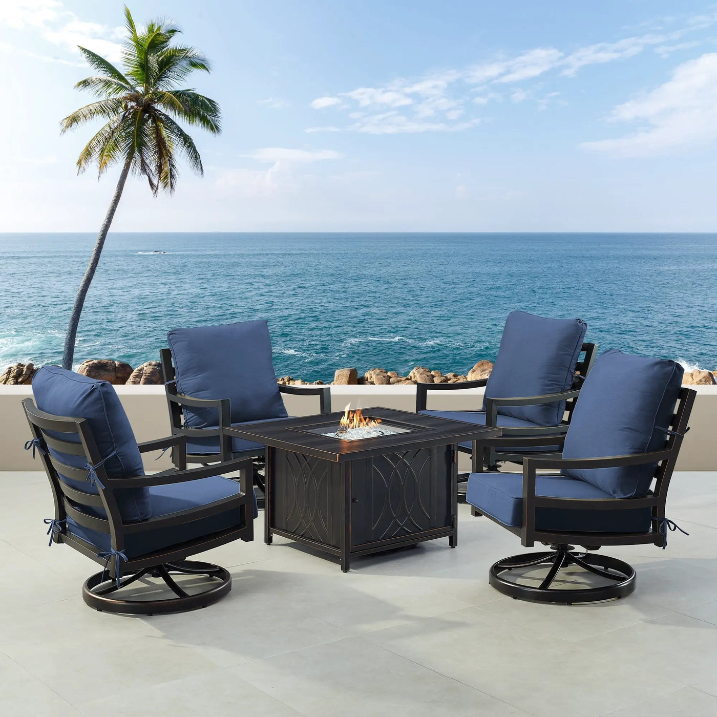 Black Aluminum Fire Table Set with Four Club Chairs by Sharicks