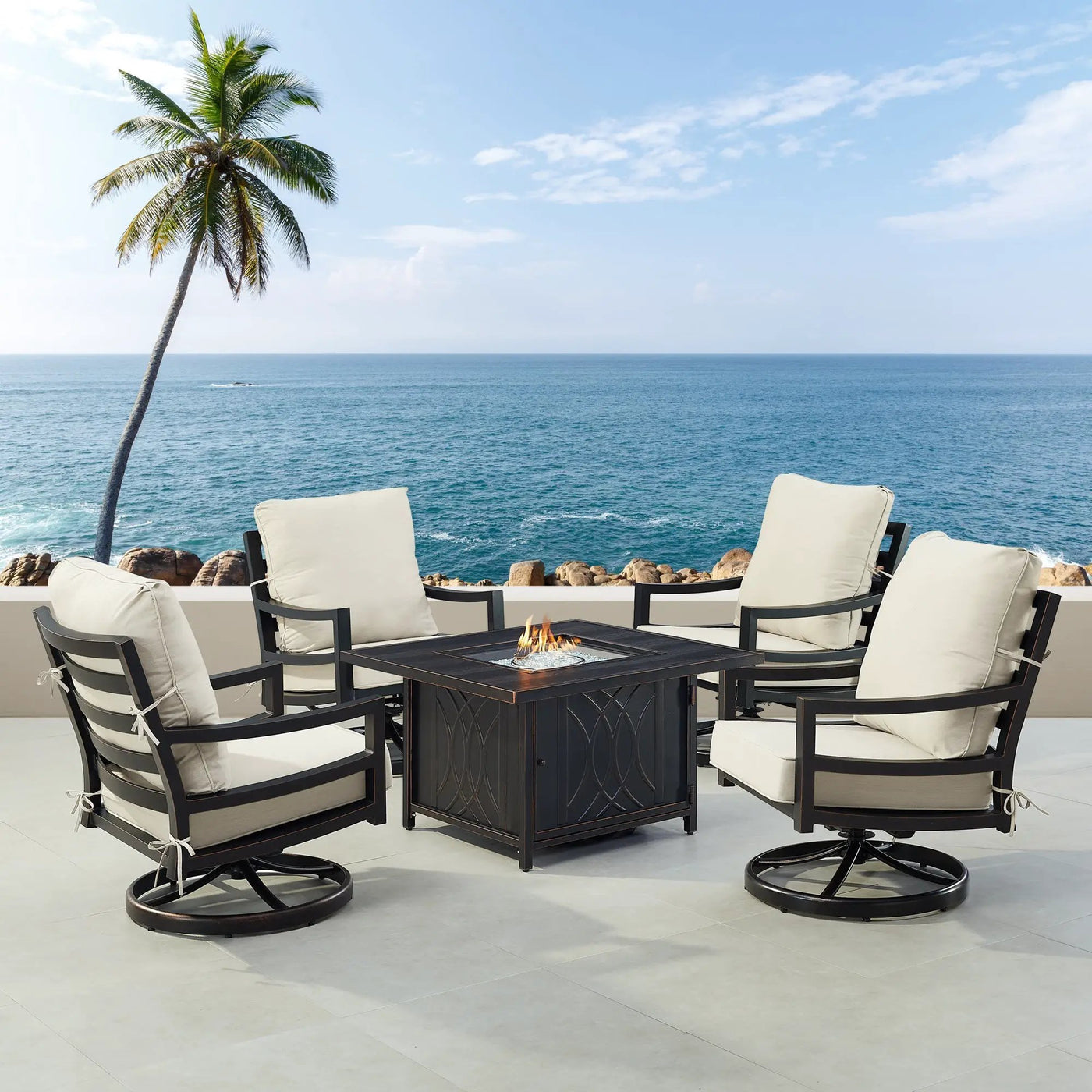 Black Aluminum Fire Table Set with Four Club Chairs by Sharicks