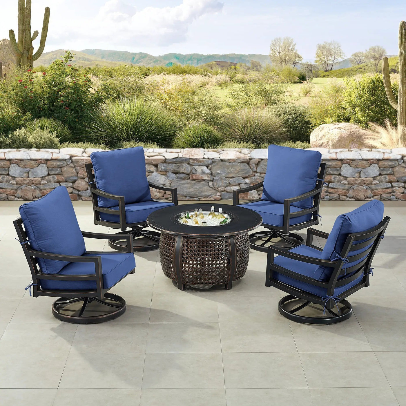 Black Aluminum Fire Table Set with Four Club Chairs by Sharicks