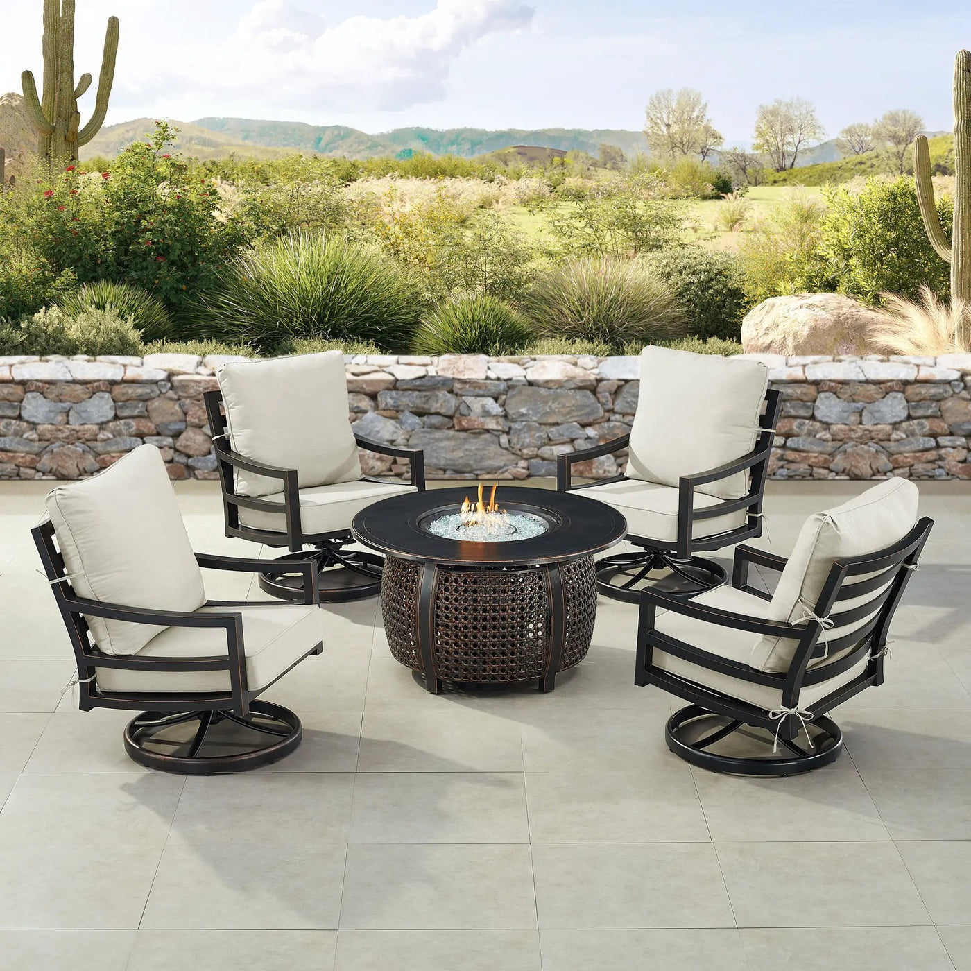 Black Aluminum Fire Table Set with Four Club Chairs by Sharicks