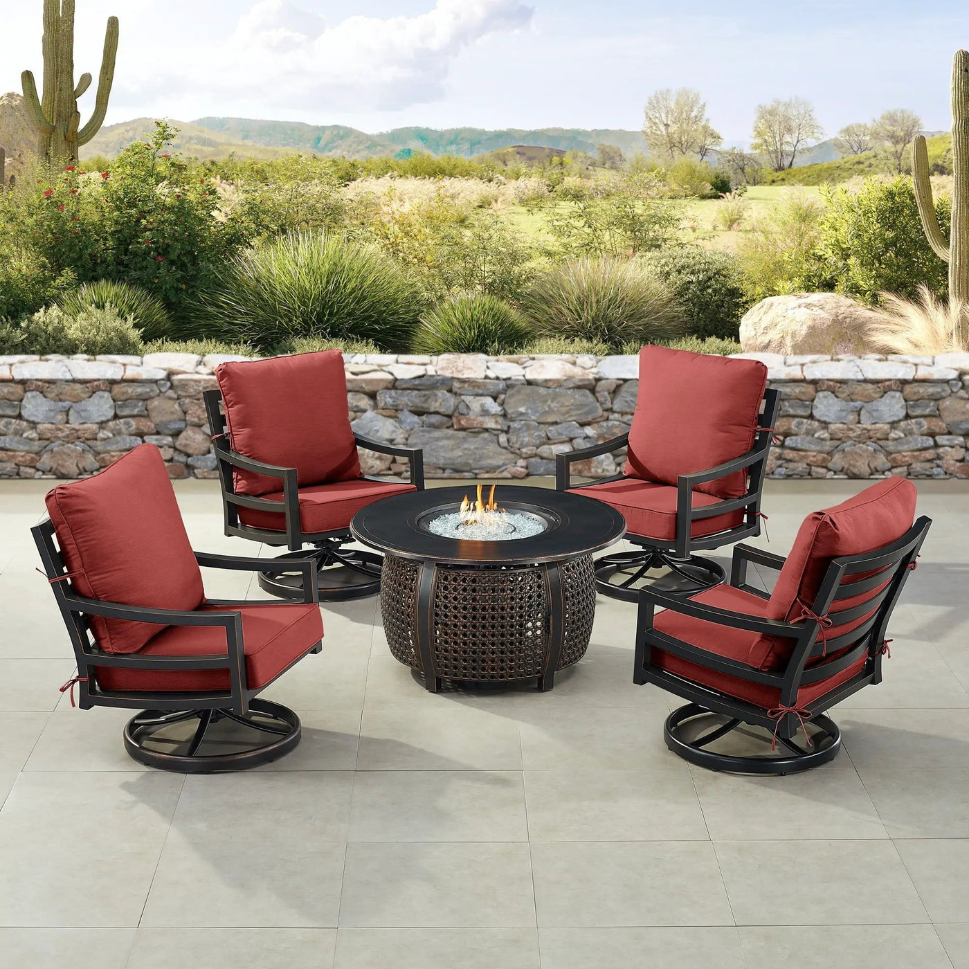 Black Aluminum Fire Table Set with Four Club Chairs by Sharicks