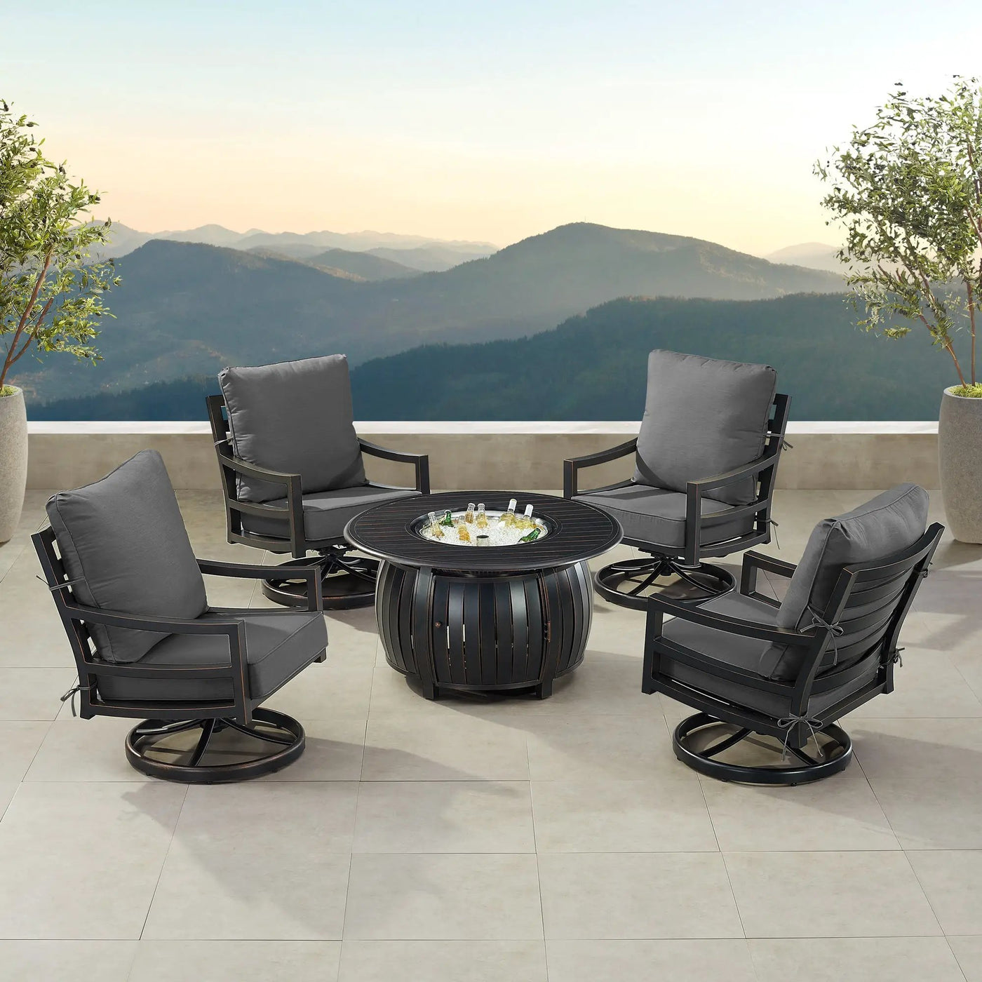 Black Aluminum Fire Table Set with Four Club Chairs by Sharicks