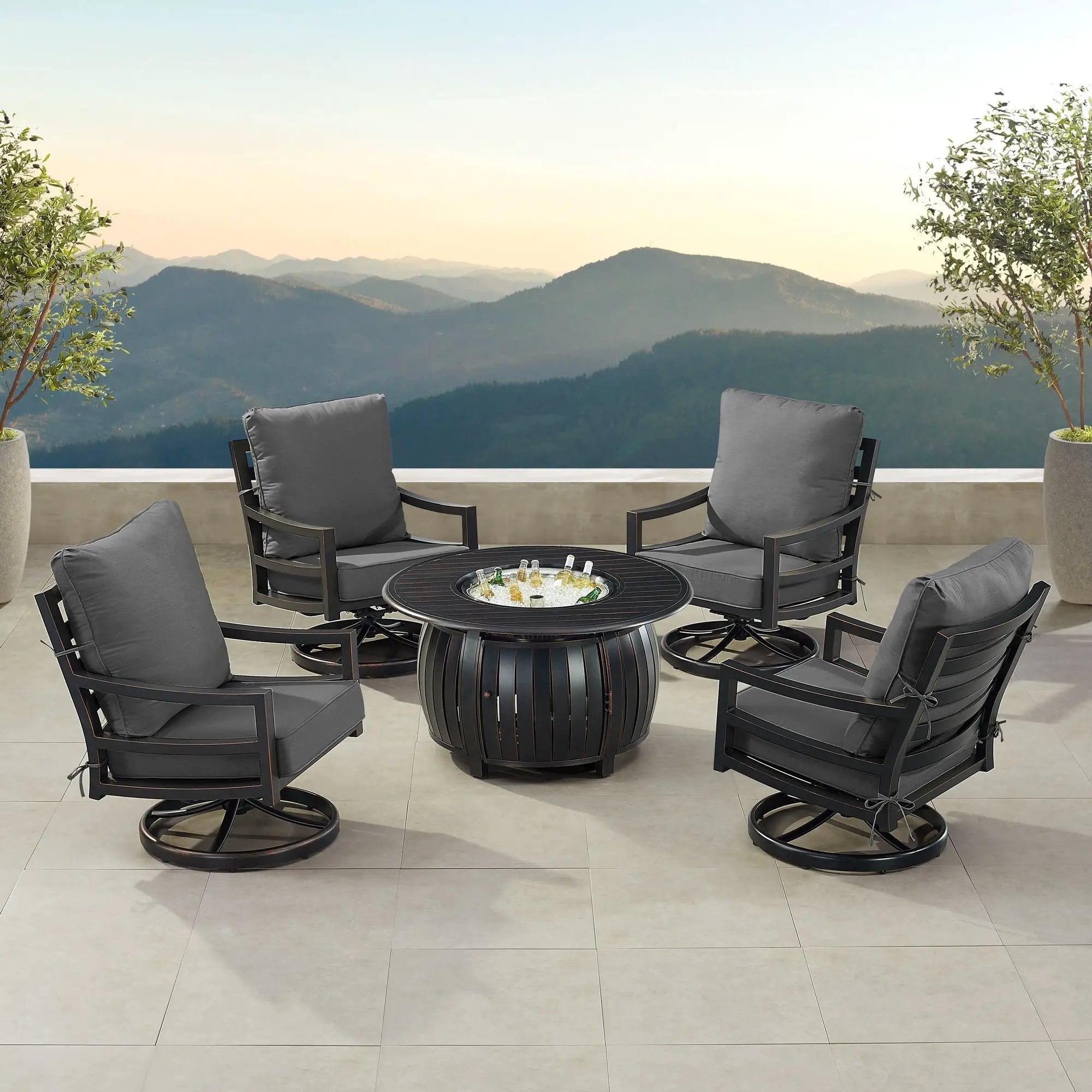 Black Aluminum Fire Table Set with Four Club Chairs by Sharicks