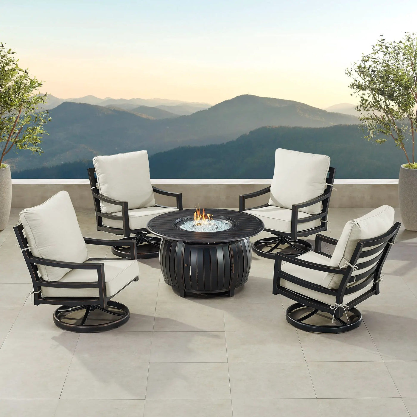 Black Aluminum Fire Table Set with Four Club Chairs by Sharicks