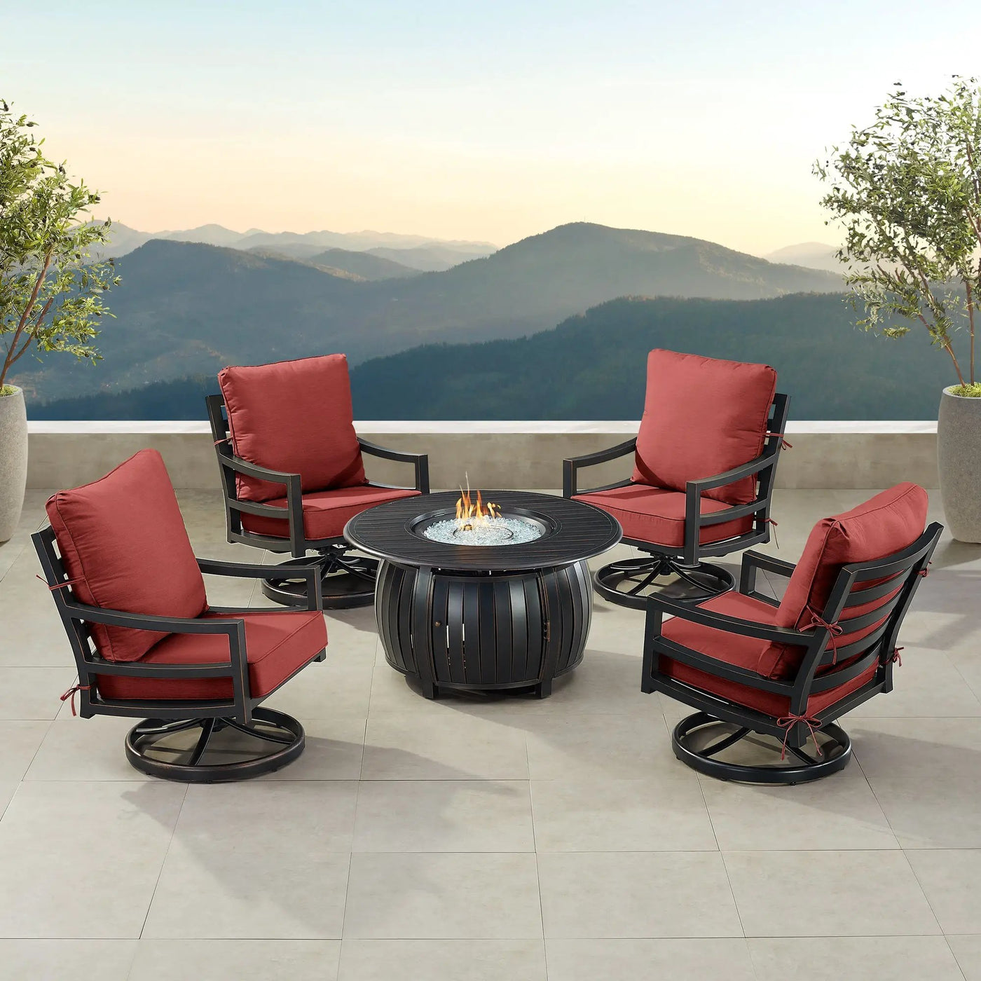 Black Aluminum Fire Table Set with Four Club Chairs by Sharicks