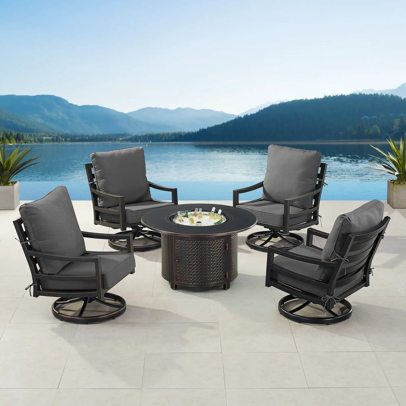 Black Aluminum Fire Table Set with Four Club Chairs by Sharicks