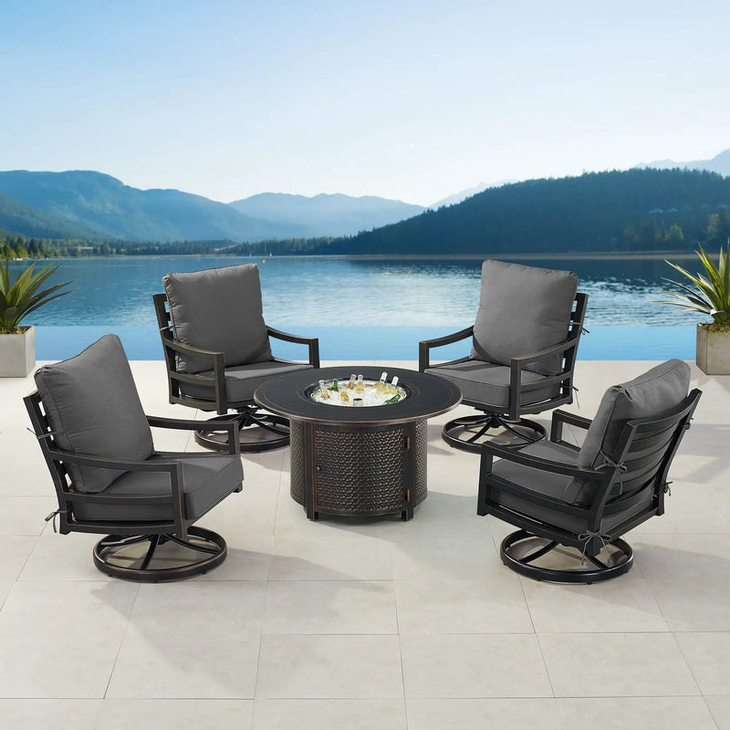 Black Aluminum Fire Table Set with Four Club Chairs by Sharicks