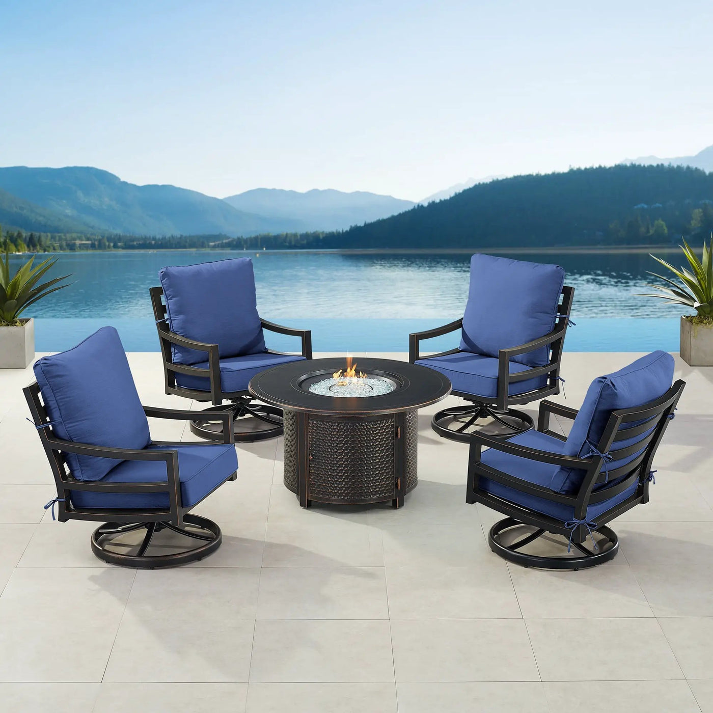 Black Aluminum Fire Table Set with Four Club Chairs by Sharicks