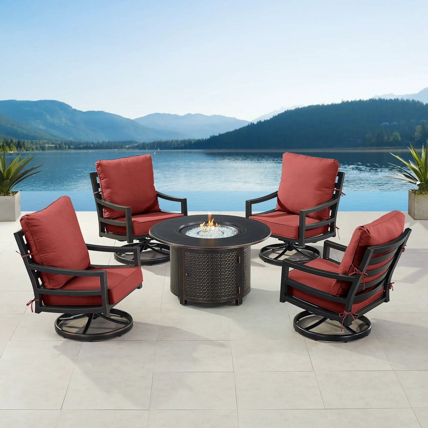 Black Aluminum Fire Table Set with Four Club Chairs by Sharicks