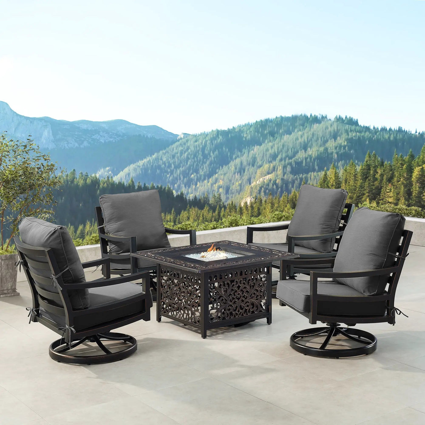 Black Aluminum Fire Table Set with Four Club Chairs by Sharicks