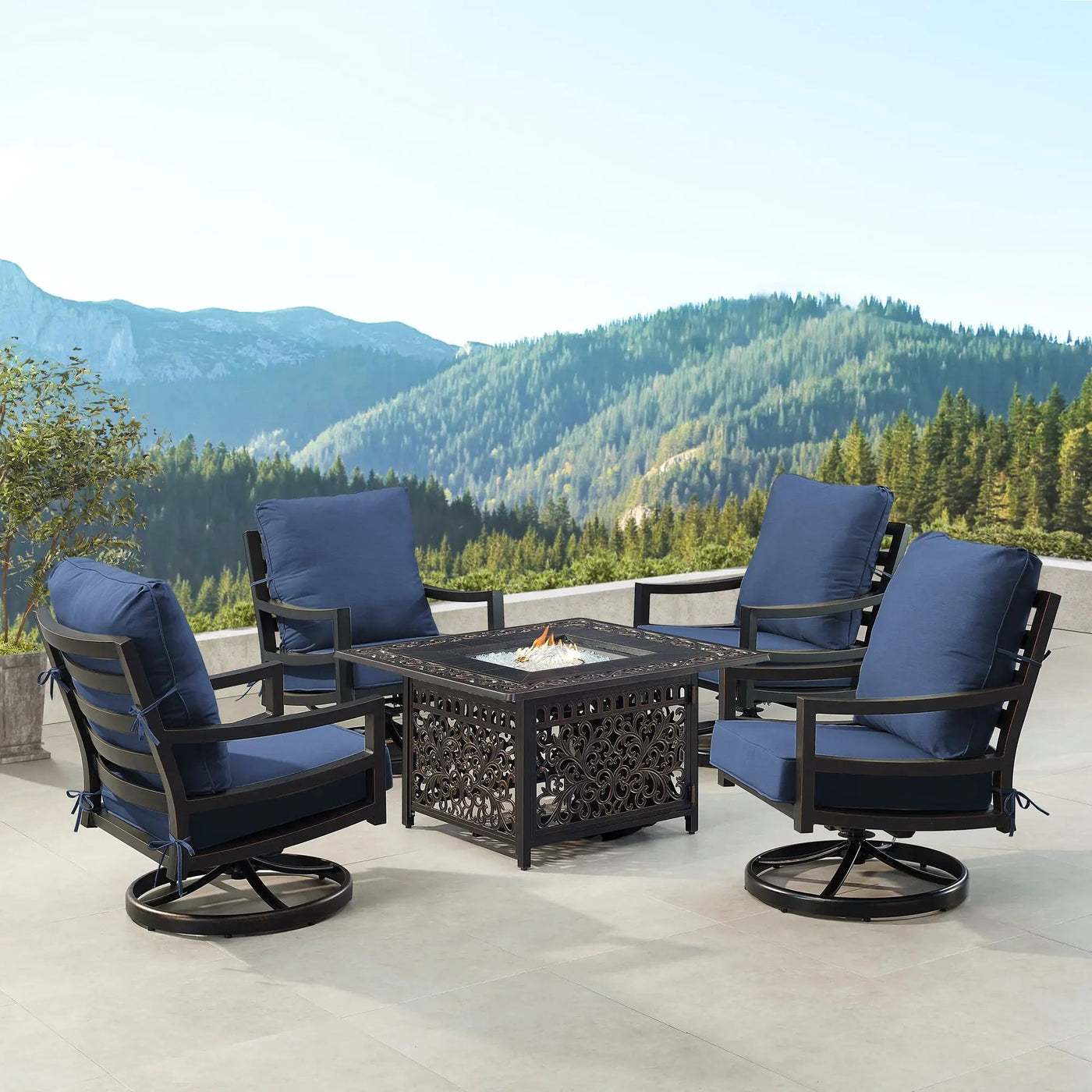 Black Aluminum Fire Table Set with Four Club Chairs by Sharicks