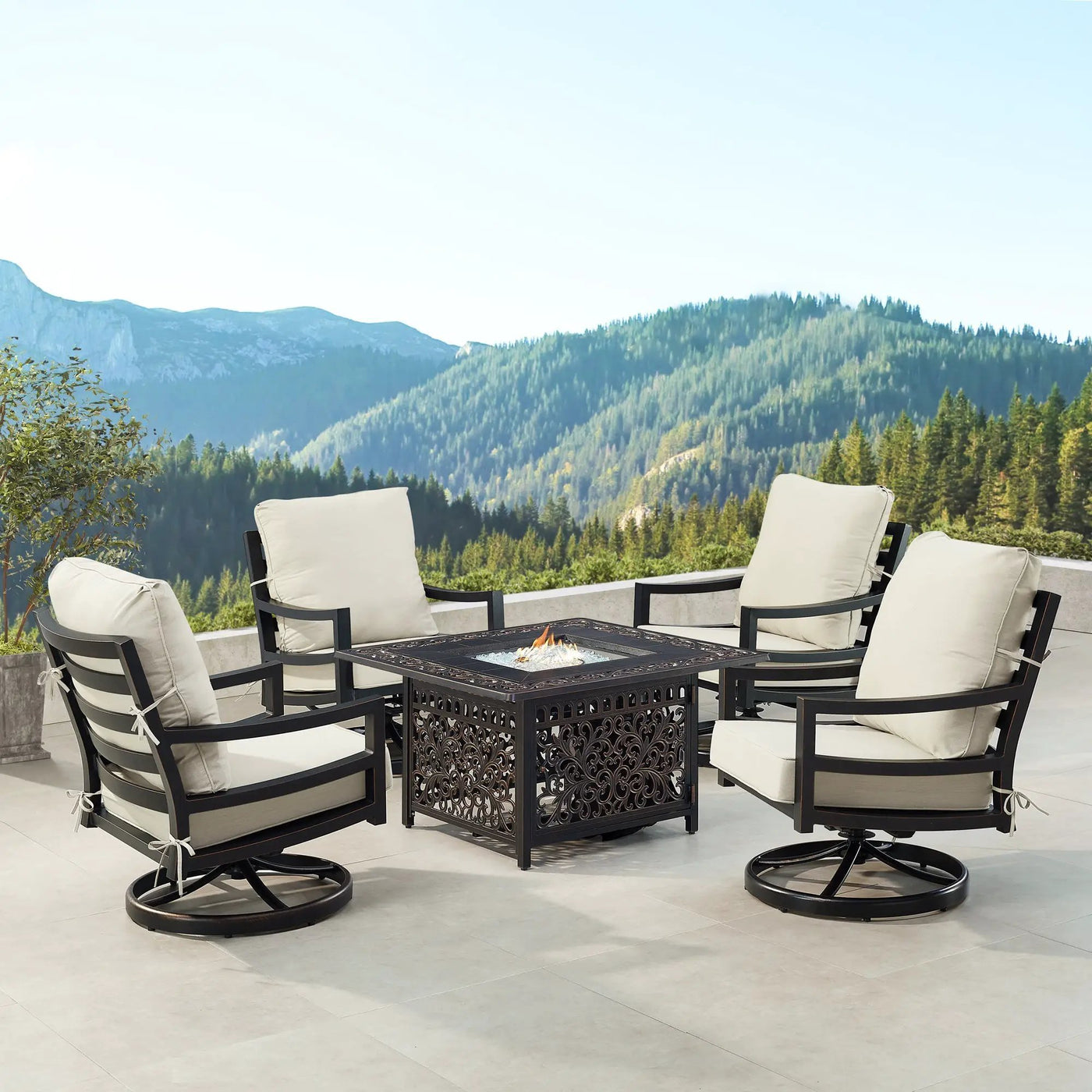 Black Aluminum Fire Table Set with Four Club Chairs by Sharicks