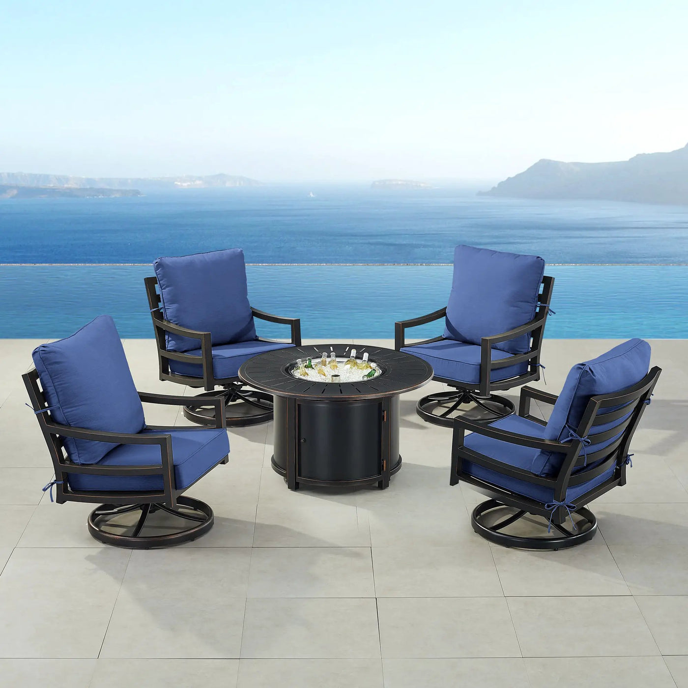 Black Aluminum Fire Table Set with Four Club Chairs by Sharicks