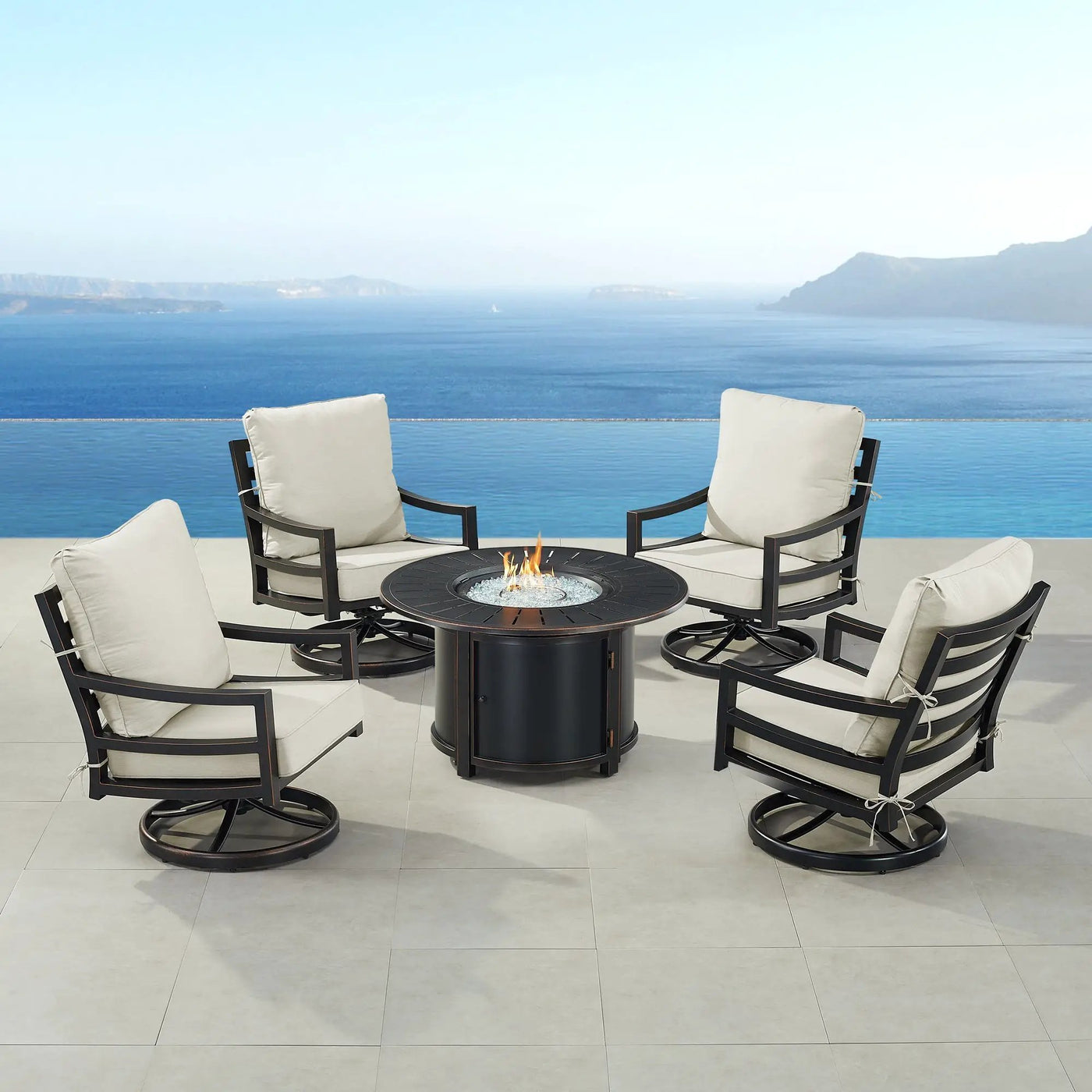 Black Aluminum Fire Table Set with Four Club Chairs by Sharicks