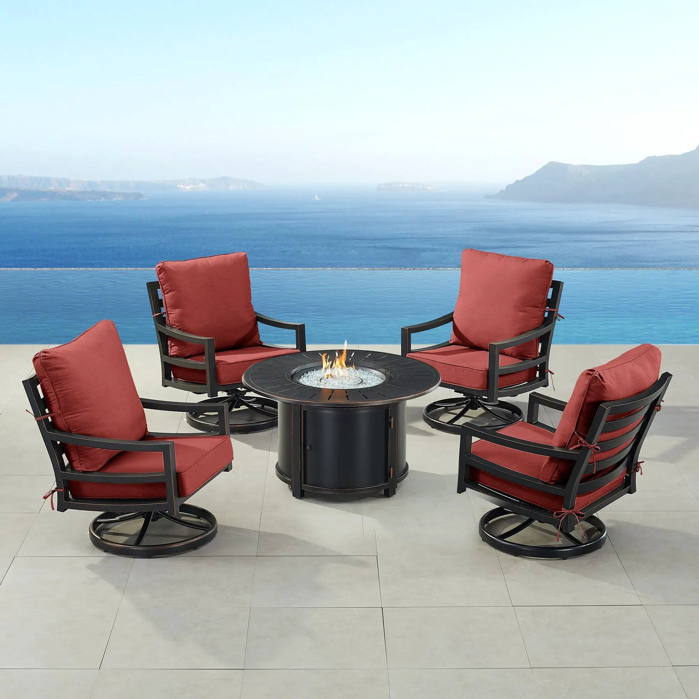 Black Aluminum Fire Table Set with Four Club Chairs by Sharicks