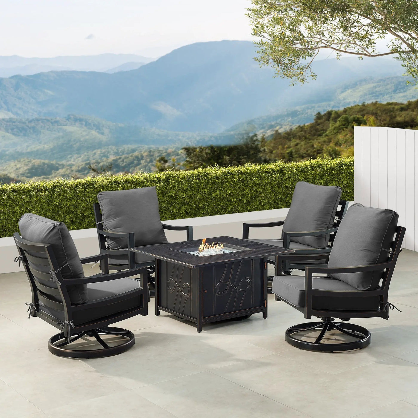 Black Aluminum Fire Table Set with Four Club Chairs by Sharicks