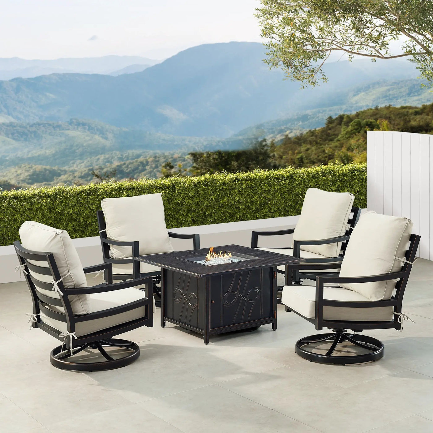 Black Aluminum Fire Table Set with Four Club Chairs by Sharicks