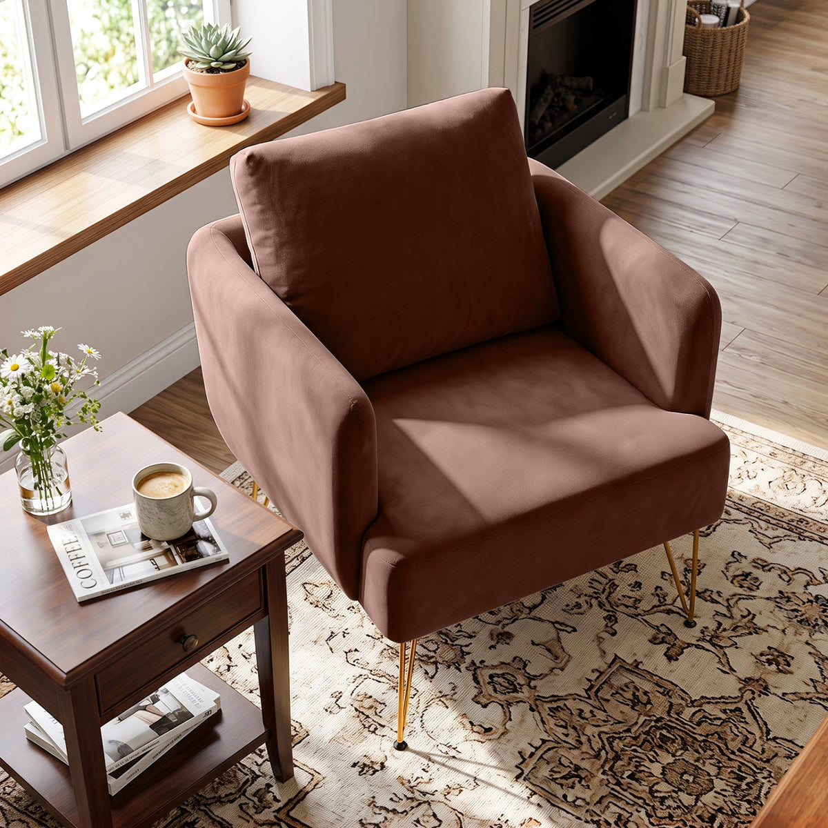 Velvet Accent Chair with Back Cushion and Golden Metal Legs, photo 8 of 8