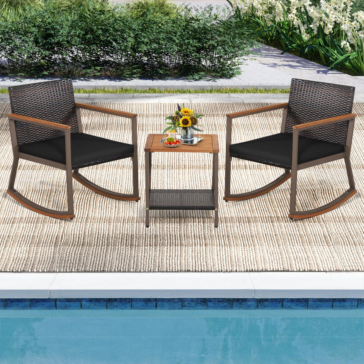 3 Pieces Rattan Rocking Bistro Set with Coffee Table and Cushions, photo 11 of 11