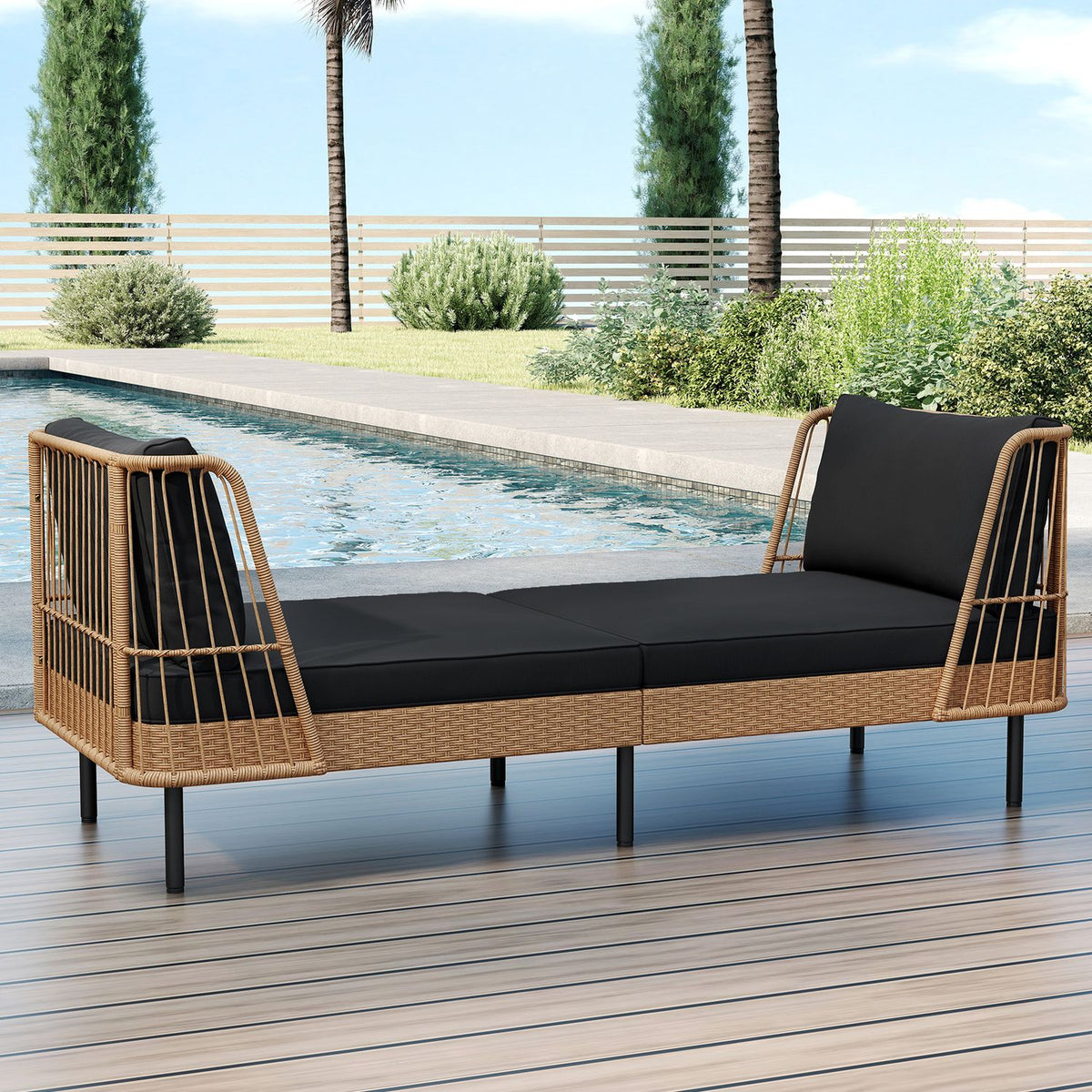 Patio Wicker Daybed Outdoor Boho Rattan Loveseat Sofa with Seat and Back Cushions-White, photo 9 of 10