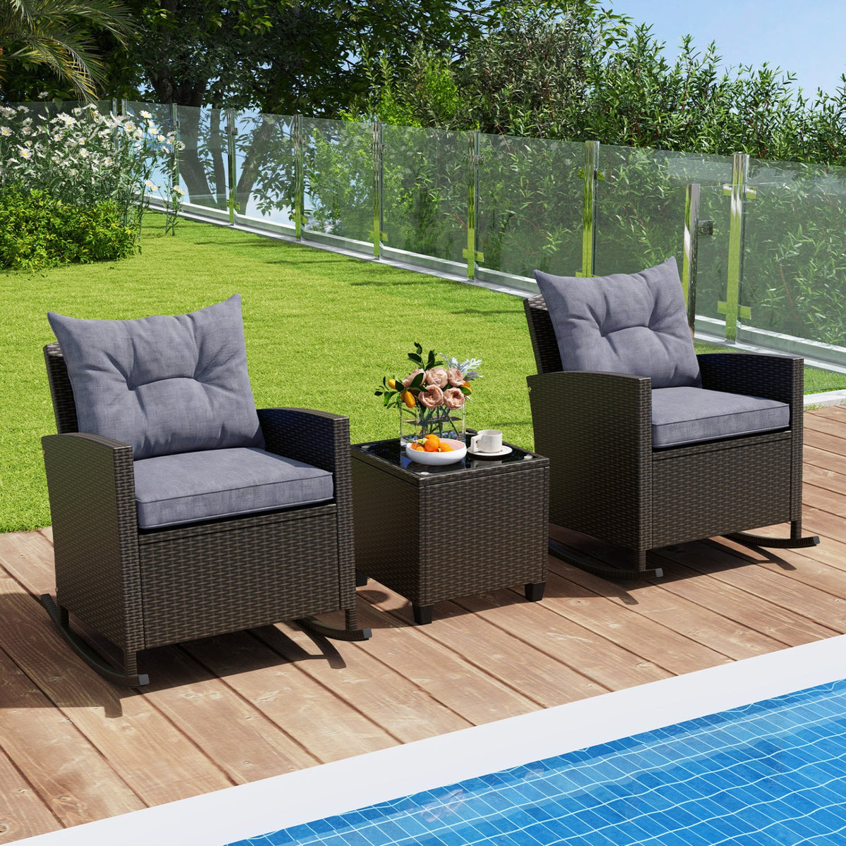 Patio Rattan Roker Chairs with Tempered Glass Table and Soft Cushions for Backyard Poolside Porch, photo 14 of 15