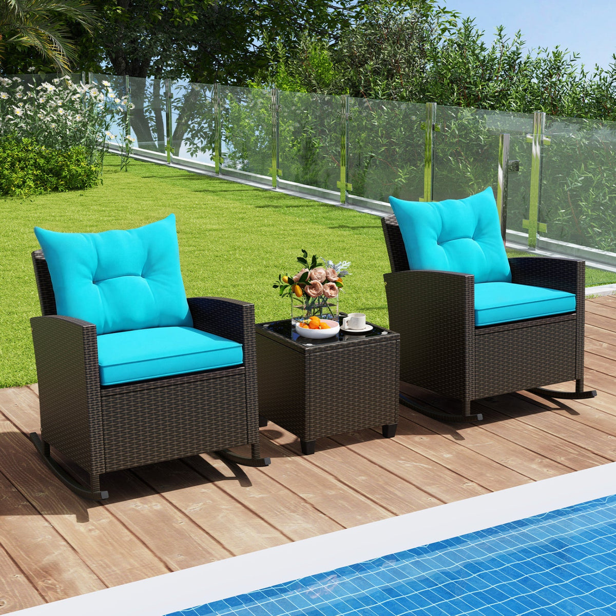 Patio Rattan Roker Chairs with Tempered Glass Table and Soft Cushions for Backyard Poolside Porch, photo 15 of 15