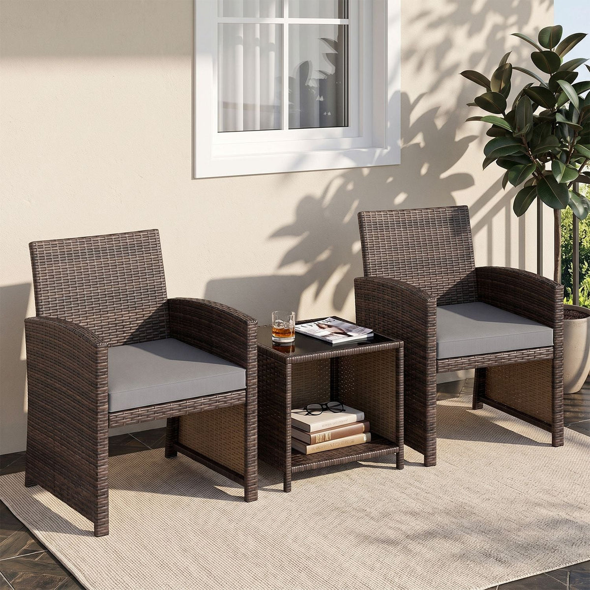 3 Pieces Patio Furniture Set with Tempered Glass Coffee Table and Soft Seat Cushions, photo 10 of 10